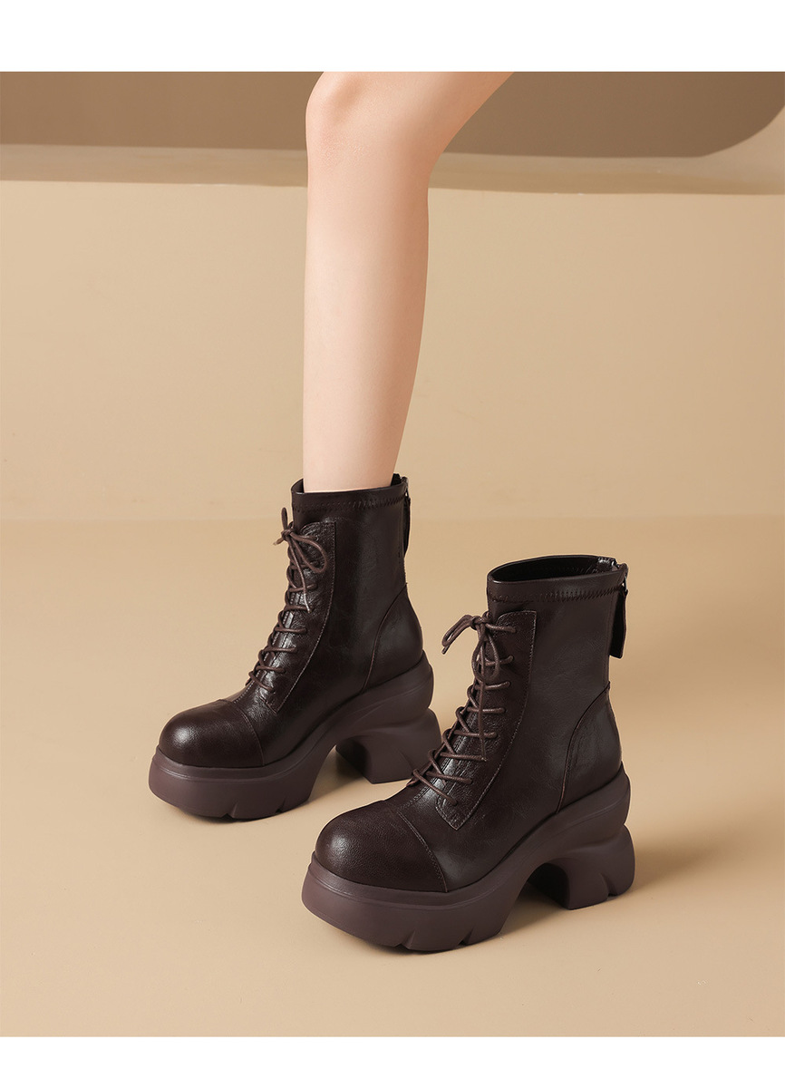 Boot nữ cổ thấp gót 10cm đế dày co giãn khóa kéo sau — Bảng màu nâu, Màu đen bên trong, Màu nâu., Trong danh sách đen