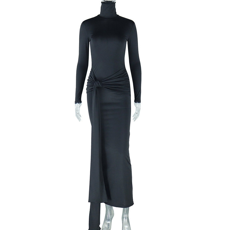 Solid Color Midi Dress Round Neck Long Sleeve Casual Style Streetwear Essential for Trendy Outfits Wholesale