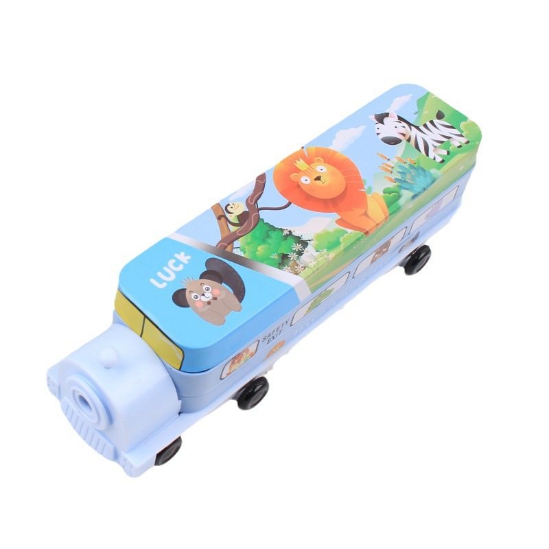 Cross-Border Fun Cartoon Double-Layer Tinplate Locomotive Multifunctional Pencil Case for Primary School Students, Ready for Wholesale and Customization