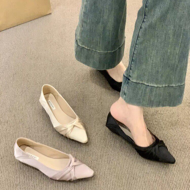 satin pointed-toe shallow-mouthed scoop shoes, versatile and non-tiring, in-foot heightening slip-on shoes for women