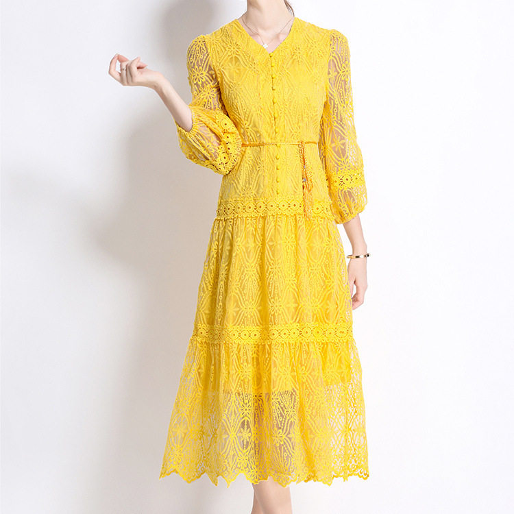 Elegant French Style Womens Dress High End Design Waist Tie Lantern Sleeves Embroidered Tulle Perfect for Formal