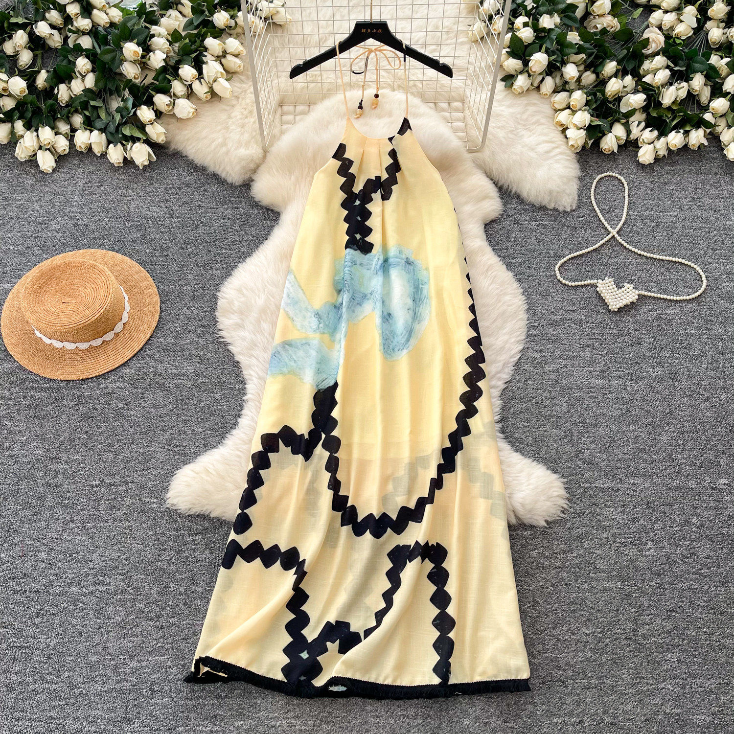 Yellow Floral Halter Maxi Dress for Women Summer Sexy Open Back Tassel Details Beachwear French Style Wholesale