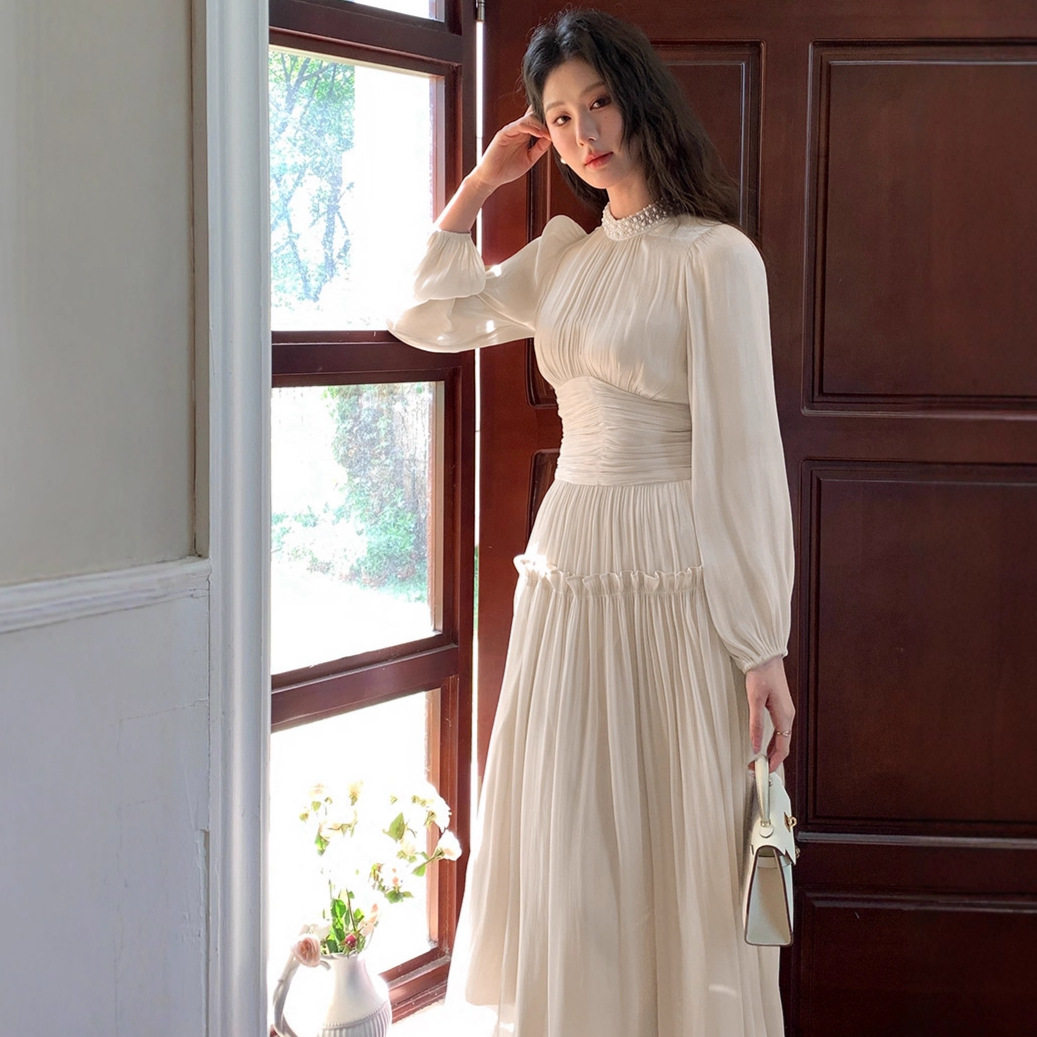 Korean Lantern Sleeve Long Dress Beaded Stand Collar Waist Defining A Line Wrinkled Shiny Fabric Beach Vacation