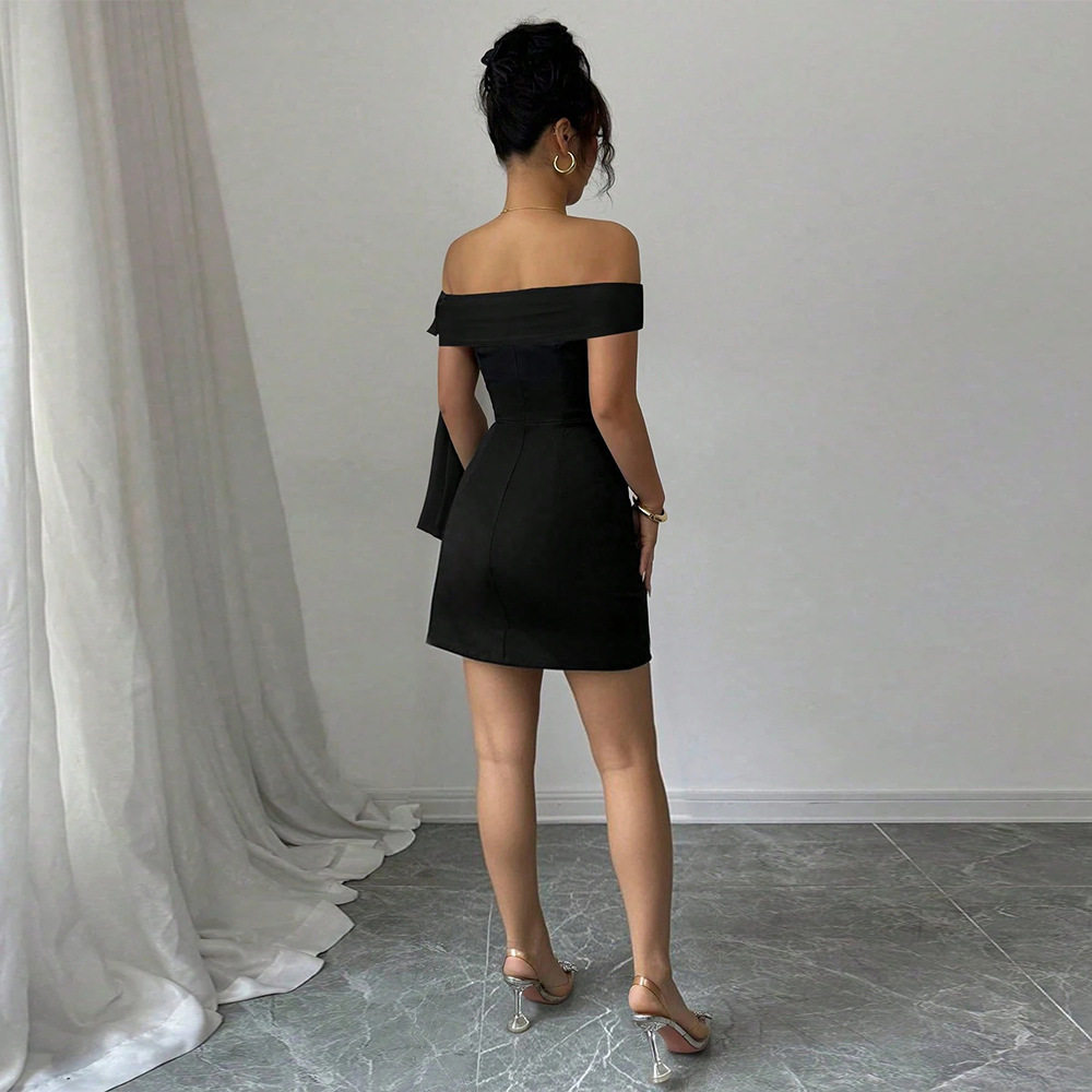 Elegant Off Shoulder Black A Line Mini Dress with Ruffled Details Slim Fit Chic Style for Parties or Events Wholesale