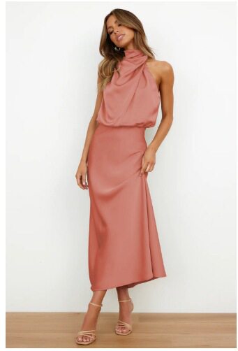Sleeveless Satin Dress Elegant Solid Color Lightweight Fabric Spring Summer Evening Wear Wholesale Available