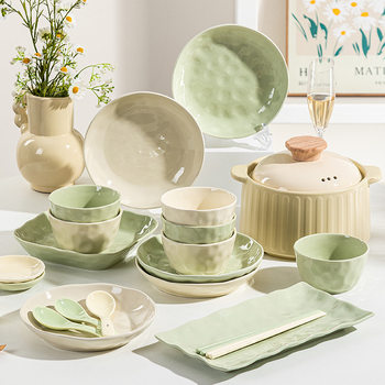 Cream Style Bowl and Dish suit Household High Color Value Bowl and Dish Bowl and Chopsticks Combination Small Fresh High-grade Internet-popular Ceramic Tableware