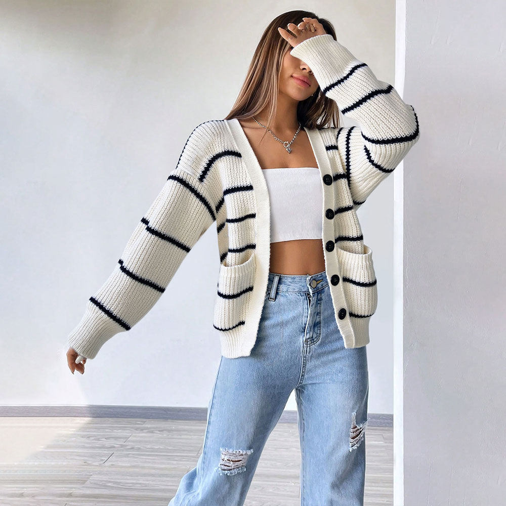 Womens Loose Fit Striped Knit Cardigan V Neck Long Sleeve Soft Fabric Spring Summer Fashion Wholesale Available