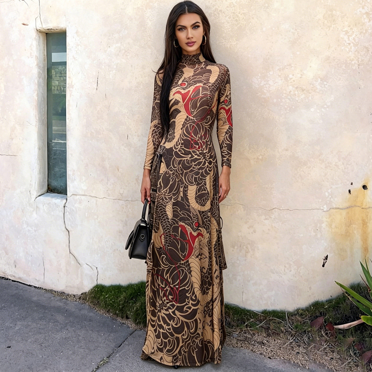 Womens Long Sleeve High Neck Top Fashionable Snake Print High Slit Design Spring Collection Wholesale Available