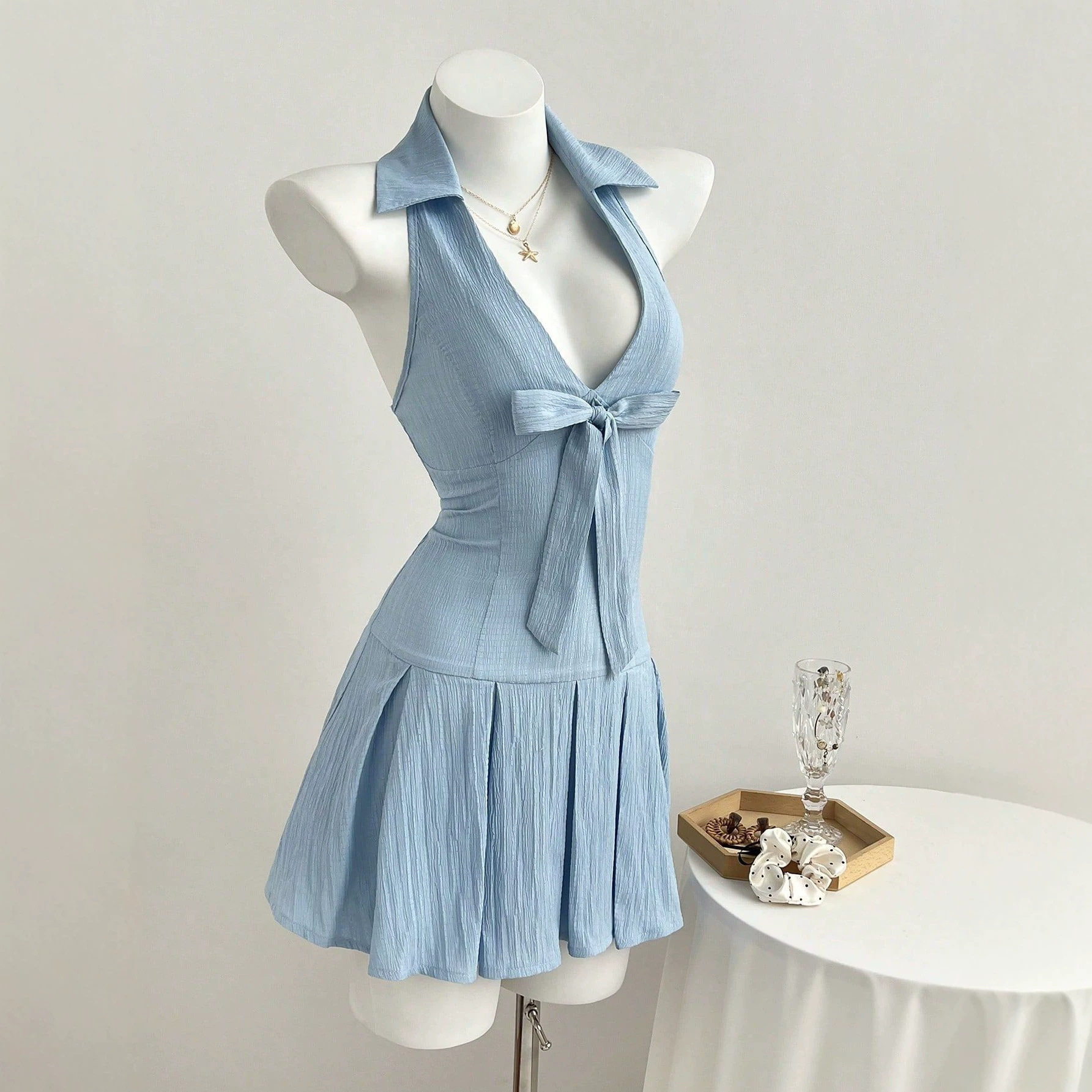 Summer Womens Short Dress V Neck Bow Tie Waist Defined Casual Wear for Parties or Outings Ready to Ship