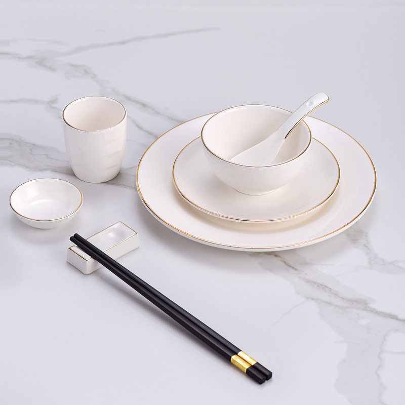 Hotel high-end club golden edge table decoration tableware new Chinese ceramic plate Bowl Bone dish suit three-piece set four-piece set