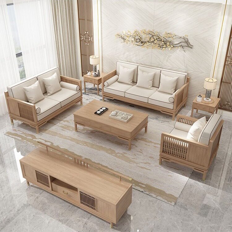 新中式全实木沙发组合白蜡木客厅小户型三人位木质布艺沙发家具