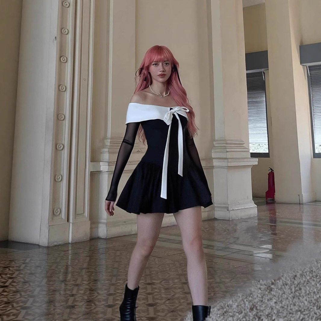 Cute Bow Tie Dress Color Block Design Doll Collar Short Length Autumn Fashion for College Style Wholesale Available