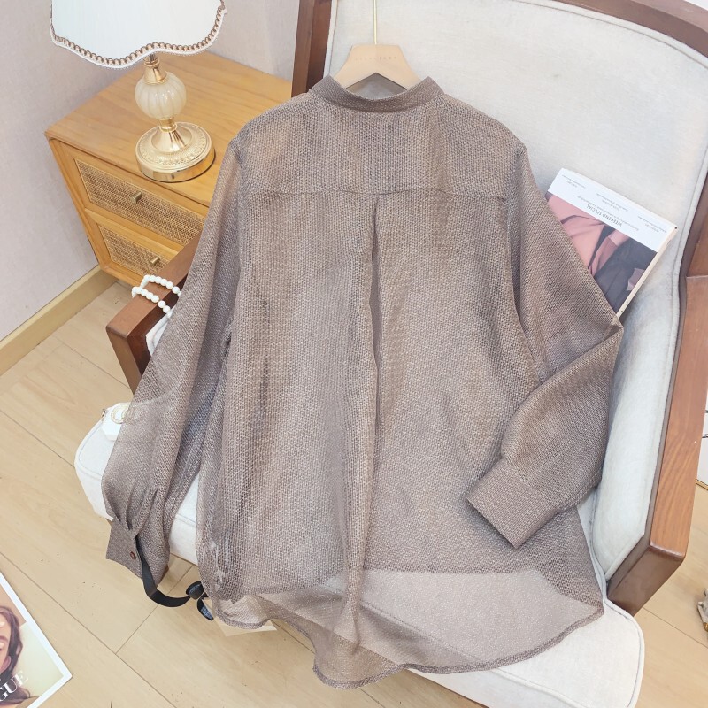 Áo sơ mi nữ cổ đứng dài tay phối chỉ bóng, dáng rộng tay phồng nhẹ — Màu nâu hạt dẻ có dây đeo