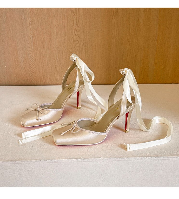 Giày cao gót nữ mũi vuông phong cách ballet, thắt nơ ren quai buộc, đế nhọn mặt satin — màu đen, màu đỏ, Màu tím, Rượu sâm pan