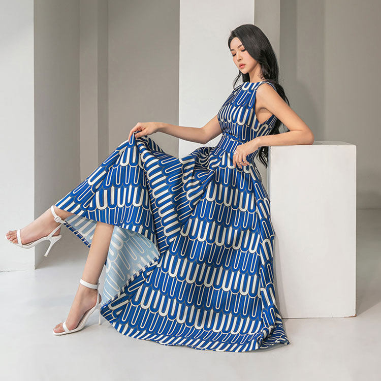 Đầm maxi nữ thắt eo in họa tiết hình học cổ tròn không tay — Màu như ảnh chi tiết 4