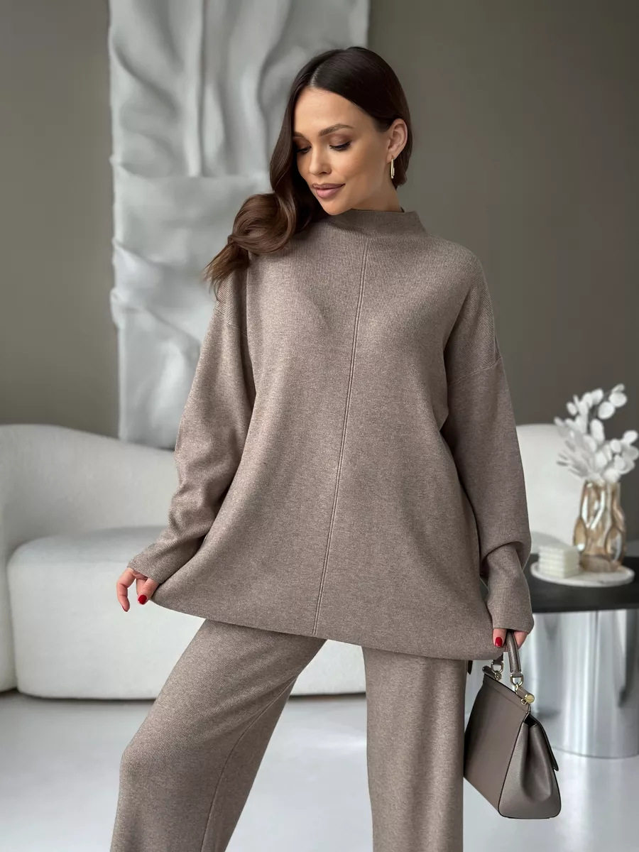Womens Autumn Winter Oversized Sweater and Pants Set Long Sleeve Casual Split Design Perfect for Everyday Wear