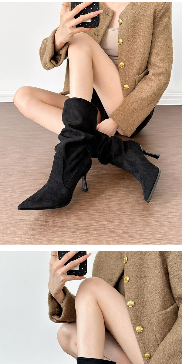 Boot nữ cổ trung gót nhọn da lộn mũi tròn phong cách thanh lịch — Lớp lót đơn màu đen, Lớp lót đơn màu kaki, Lót nhung đen, Lót nhung màu kaki