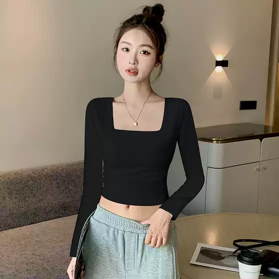 Pure Cotton Square Collar Long-Sleeved T-Shirt for Women, Right Shoulder, Autum Slim Short Style, Western Style Inner Layering Shirt, Navel-Baring Versatile Top