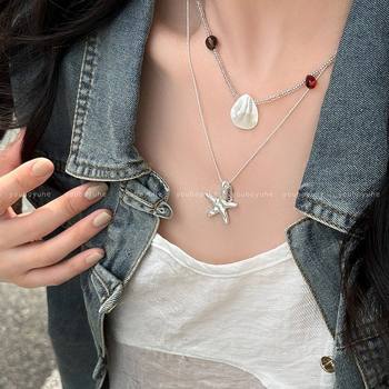 Summer Starfish Shell Pendant Necklace Women's Niche Design Stacked Clavicle Chain Holiday Style Fashion Necklace Accessories
