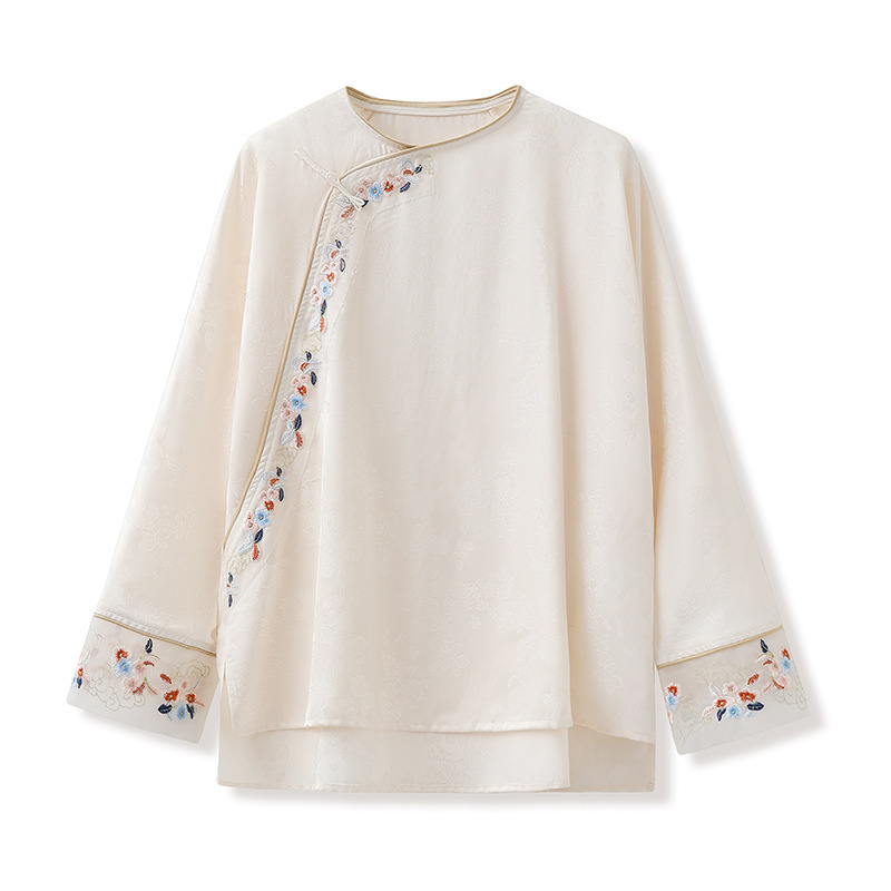 Áo nữ dài tay cổ tròn thêu hoa cài khuy lệch vai phong cách thanh lịch — Cloud Silk White (Giao hàng ngay hôm nay), Cloud Silk White (Giao hàng trong 7 ngày)