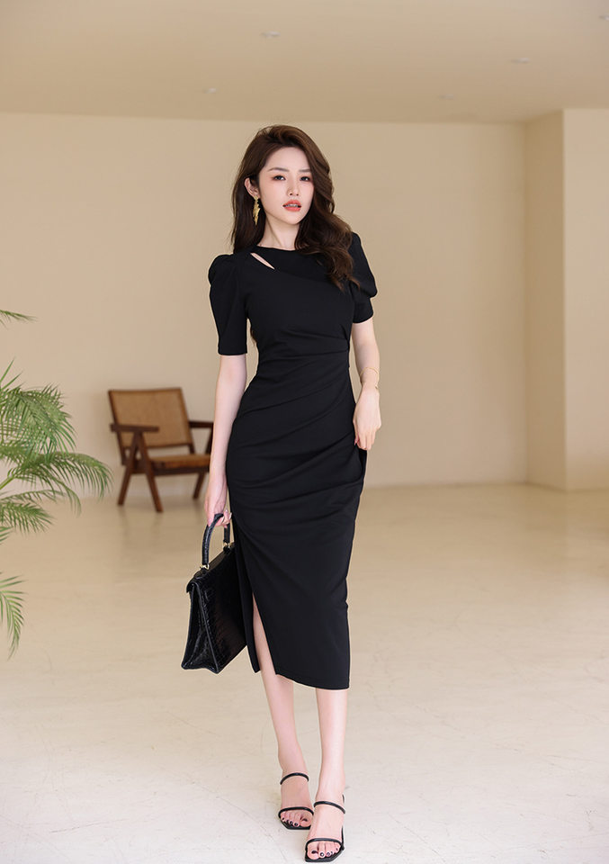Váy Ôm Body Nữ Tay Lỡ Thiết Kế Xẻ Tà Dáng Dài Màu Đen chi tiết 11