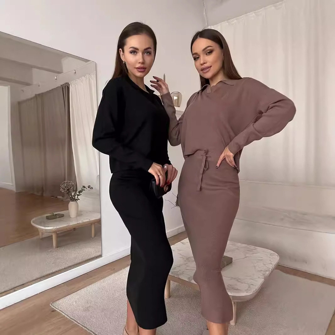 Knitted Two Piece Set Soft Chenille Yarn Split Sweater Tied Midi Skirt Autumn Winter Fashion Wholesale Available
