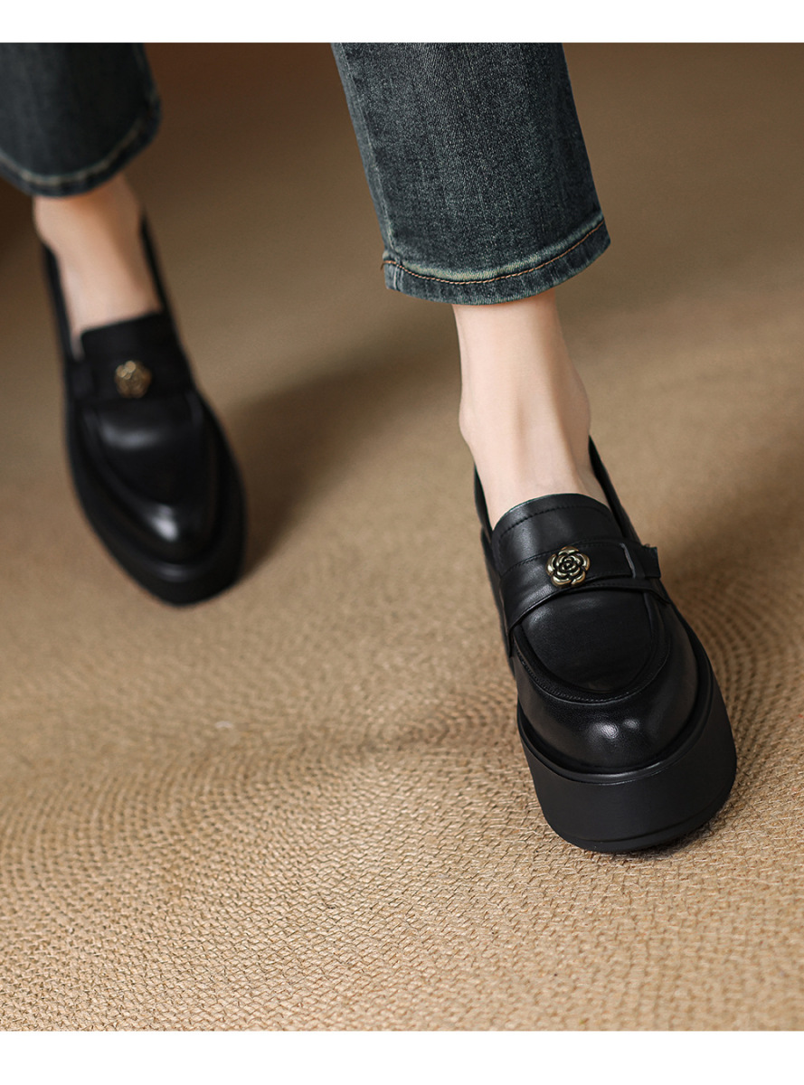 Giày lười nữ đế xuồng gót cao 8cm da bò thật mũi nhọn — màu đen, Màu nâu