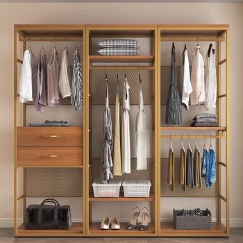 Solid Wood Open Wardrobe Walk-In Cloakroom Metal Clothes Hanger Floor Storage Iron Clothes Hanger Home Storage