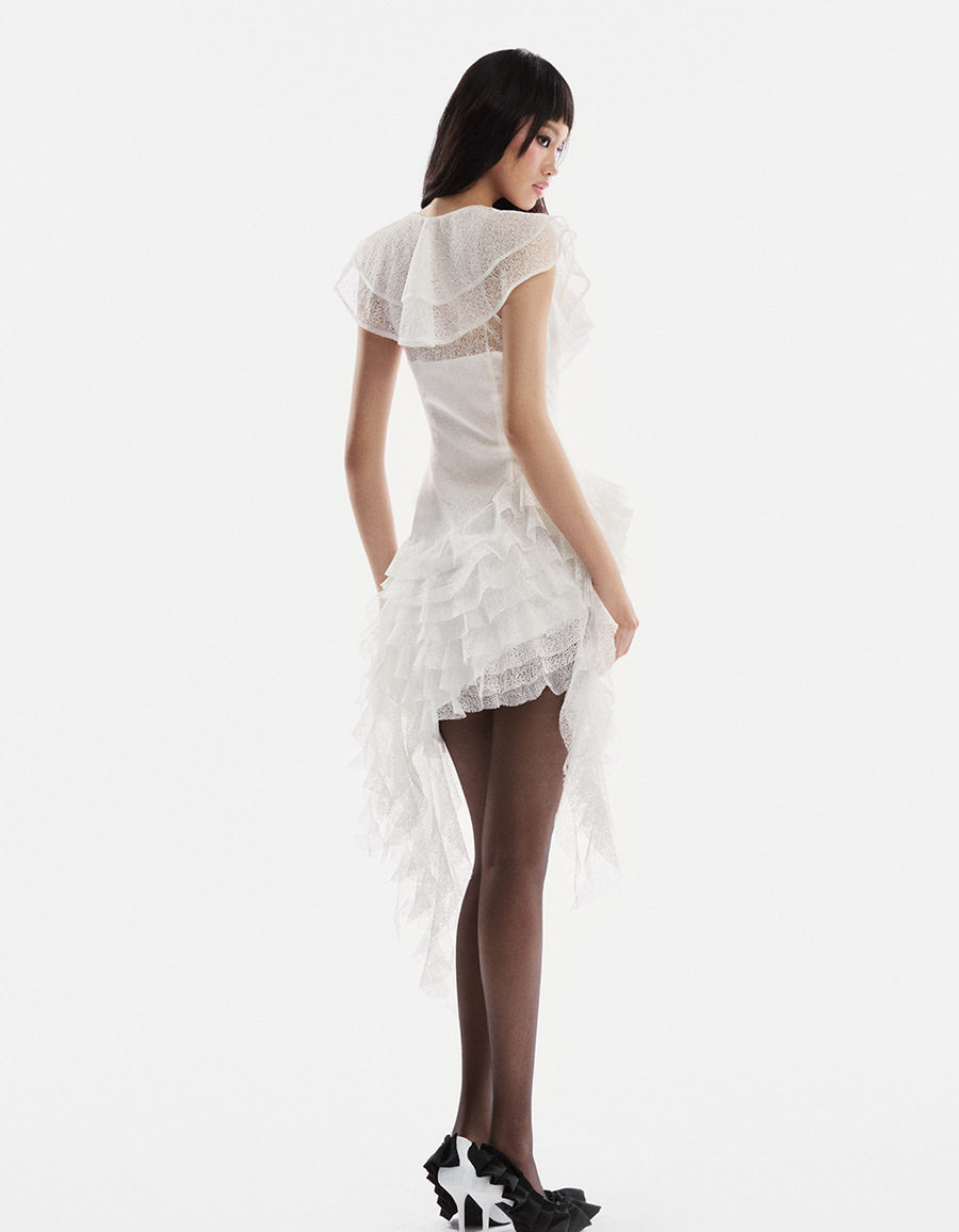 Đầm maxi nữ thắt eo cổ chữ V tay bồng ren viền hoa sen — Trắng chi tiết 4
