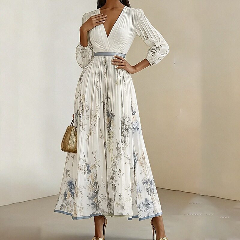 Womens Summer Dress Elegant V Neck Floral Print Waist Defined Perfect for Casual Outings or Parties Wholesale