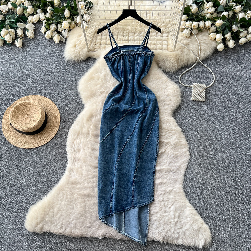 Korean Style Denim A Line Maxi Dress for Women Slim Fit High Waist Sleeveless Summer Fashion Wholesale Available
