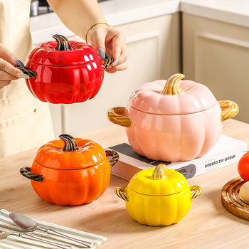 Ceramic Soup Bowl with Lid Creative Pumpkin Style Soup Basin Household Soup Large Binaural Noodle Bowl for Snail Lion Powder Bowl