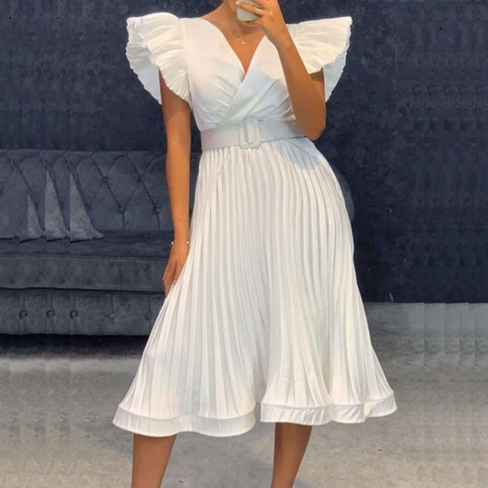 Womens V Neck Pleated Dress with Flutter Sleeves Elegant Design Belt Included Perfect for Parties and Events