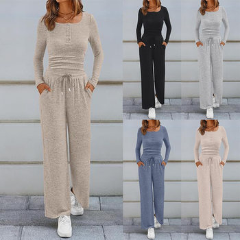 2025 Amazon Autumn New Foreign Trade Sports Suit Cross-Border Hot Selling Solid Color Top Wide Leg Pants Two-Piece Set for Women