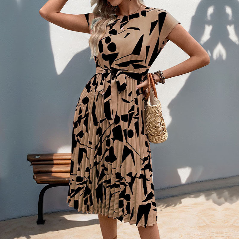 Elegant Abstract Print Pleated Dress Casual Beach Vacation Style Perfect for Summer Events Wholesale Available