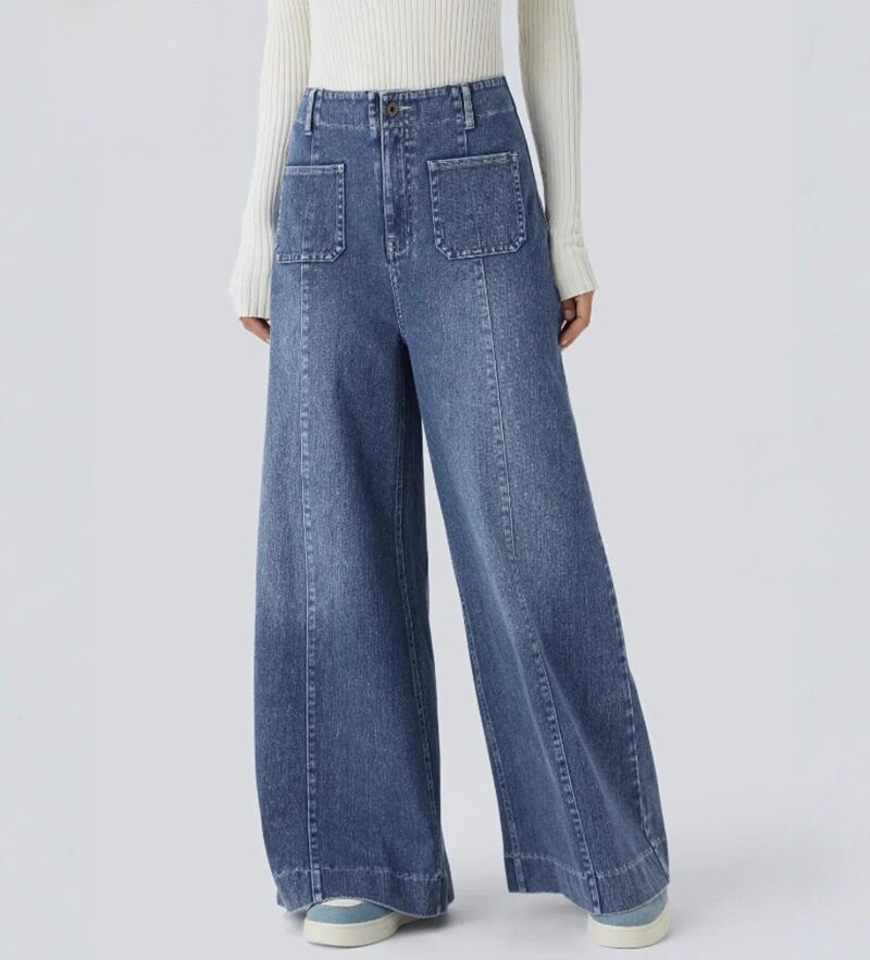 High Waisted Pocketed Patchwork Button Zipper Wide Leg Jeans Womens Fashion Fall Winter Collection Wholesale Available