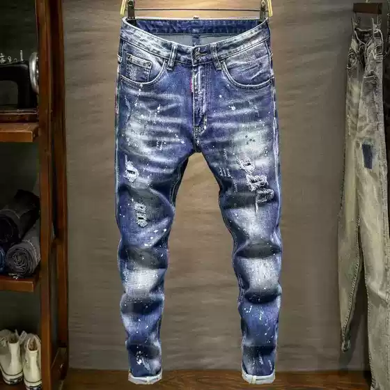 Spring and Autumn Men's Piercing Patch Jeans Men's Trendy Brand Beggar Pants Slim fit Small Straight Tube Long Pants Elastic Korean Version