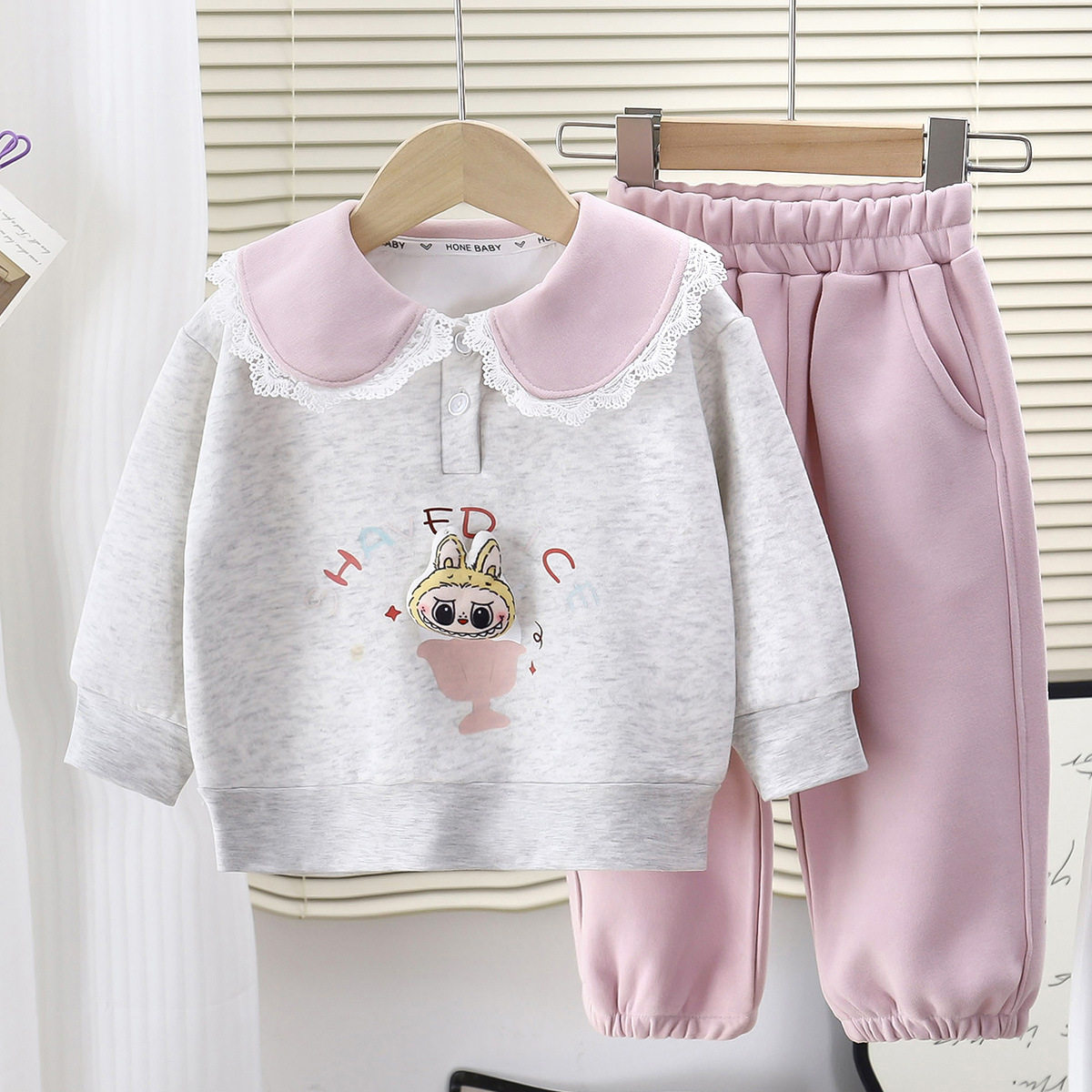 Set felpa volant cartone animato nuovo primavera neonata bambina, set sportivo colletto baby doll alla moda casual