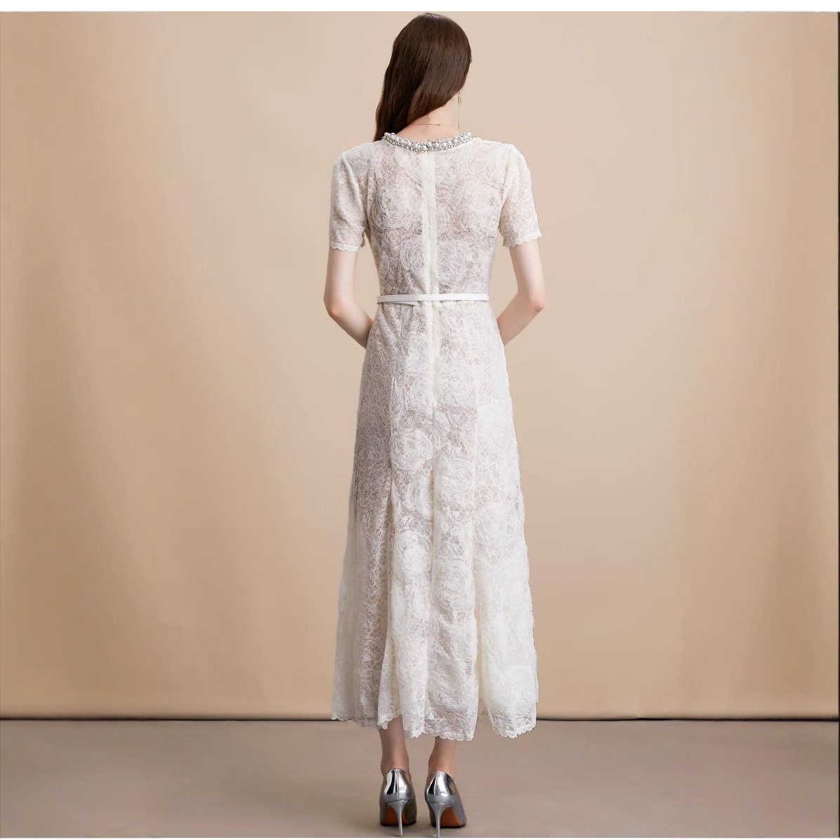 French Elegant Beaded Lace Dress Short Sleeve Round Neck Fishtail Design Summer Cocktail or Formal Occasion