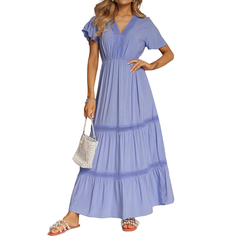Elegant V Neck Ruffle Sleeve Dress Solid Color Lace Trim Chic Design Perfect for Parties or Casual Outings OEM