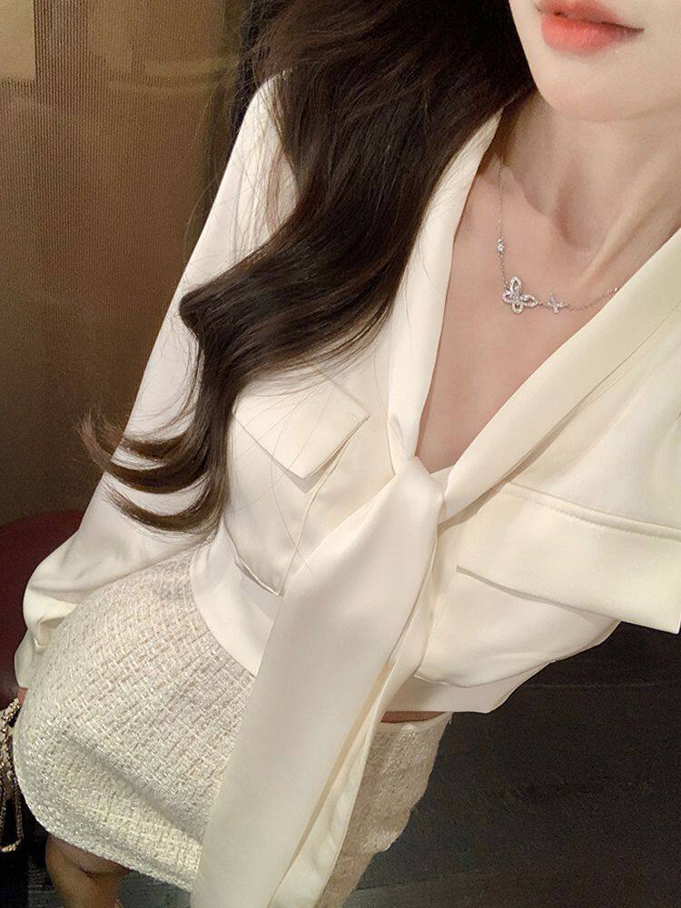 French Satin Suit for Women 2025 Spring & Fall New Elegant Bow Waist Shirt Hip-Covering Skirt Two-Piece Set