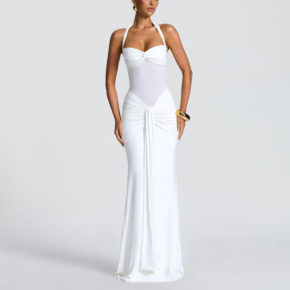 Sleeveless Bodycon Dress Solid Color Halter Neck Backless Sexy Fit Evening Wear Cocktail Party OEM Available