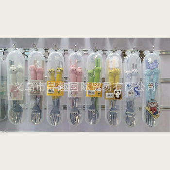 Factory Direct Sales Foreign Trade Cross-Border New Hot Selling Cartoon Children's Stainless Steel Metal Plastic Cartoon Knife, Fork and Spoon Set