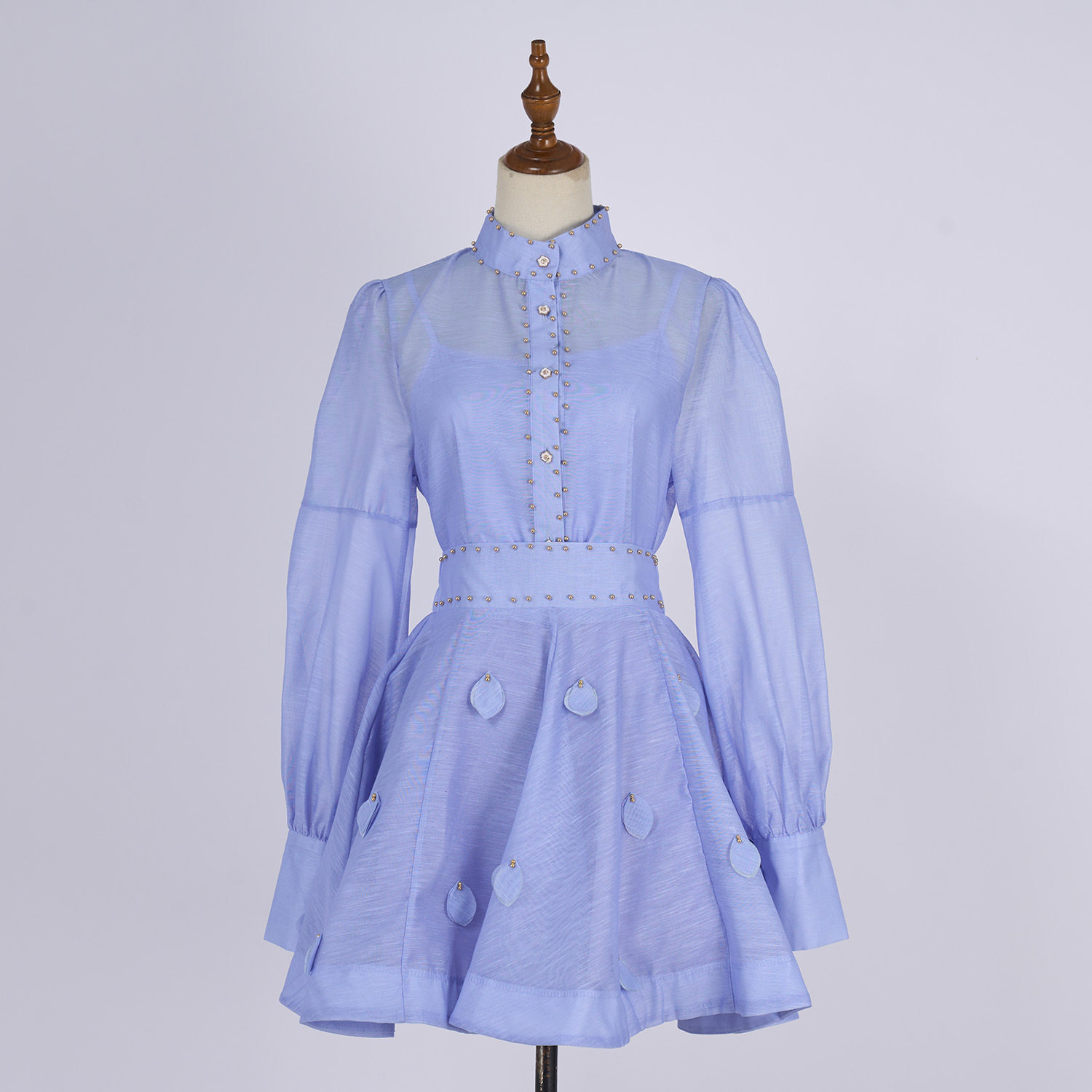 Long Sleeve Lantern Collar Button Up Shirt with Beaded Detail Waist Defining Fit A Line Mini Skirt Set for Spring Summer