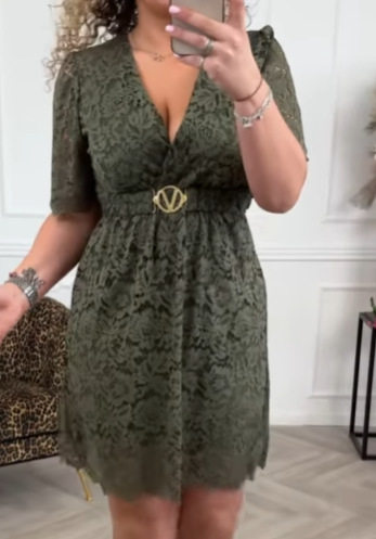 Fashionable Womens Midi Dress Short Sleeve V Neck Belted Lace Petal Design Perfect for Casual and Semi Formal