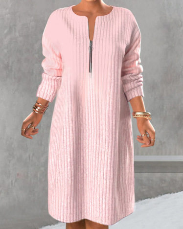 Casual Long Sleeve Sweater Dress Solid Color Zipper Detail Comfortable Fit Winter Fashion for Women OEM Available