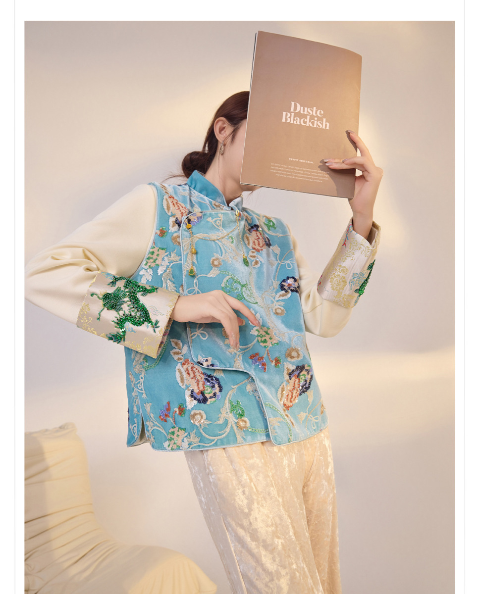 Áo vest nữ dáng ngắn thêu hoa chất liệu satin phối sequin — Màu xanh da trời (giao hàng trong 7 ngày), Màu xanh da trời (phát hành cùng ngày)