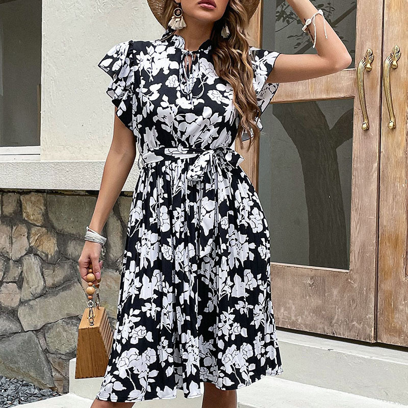 High Waist Midi Dress Floral Print Black Color Summer Style Wholesale Available private label