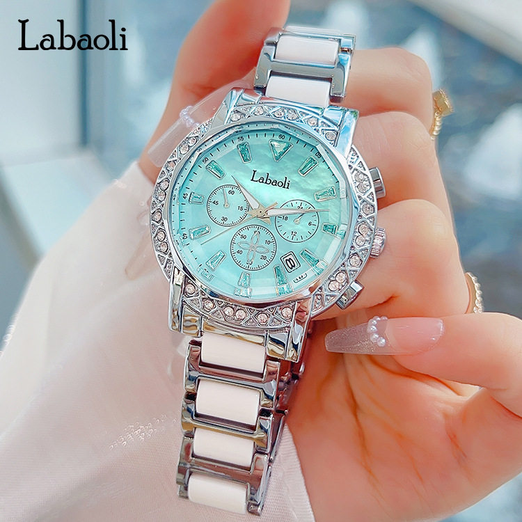 Labaoli Fashion Women's Watch, Elegant Waterproof Quartz Watch with Diamond and Mother-Of-Pearl Large Dial Calendar Watch