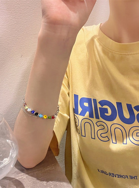 彩色琉璃小花朵手链ins小众设计2022新款潮女生闺蜜简约双层A146